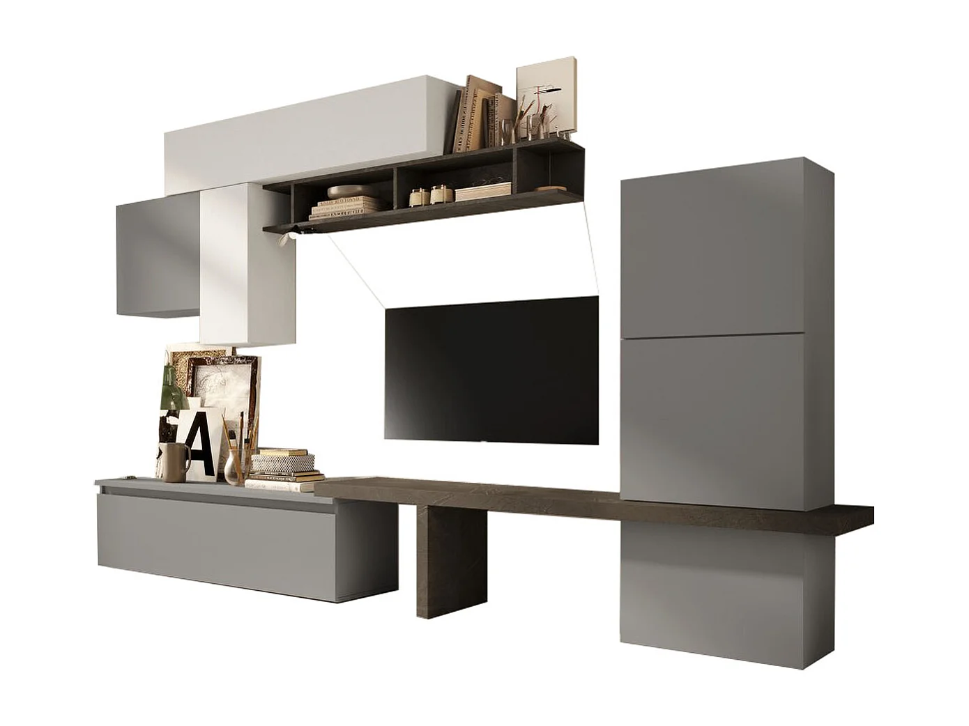 Parete attrezzata moderna con cubo pensile 295x192 cm grigio, grigio chiaro e piombo PAL15