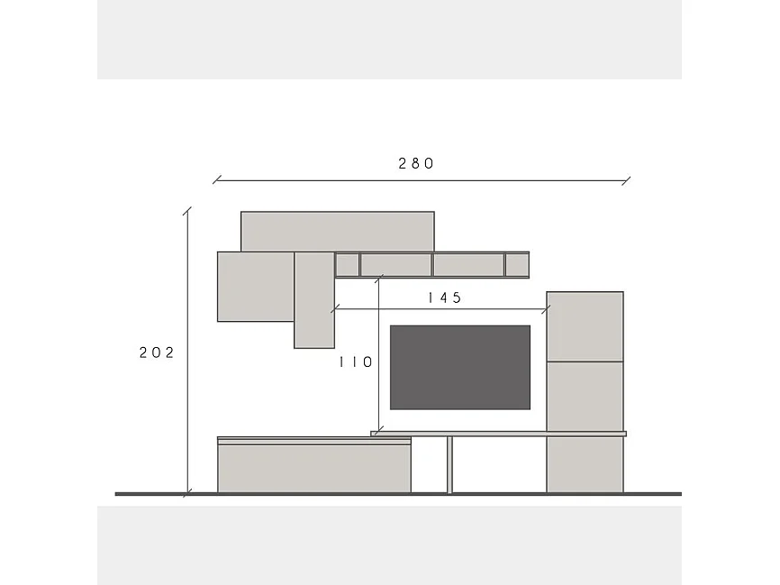 Parete attrezzata moderna con cubo pensile 295x192 cm grigio, grigio chiaro e piombo PAL15