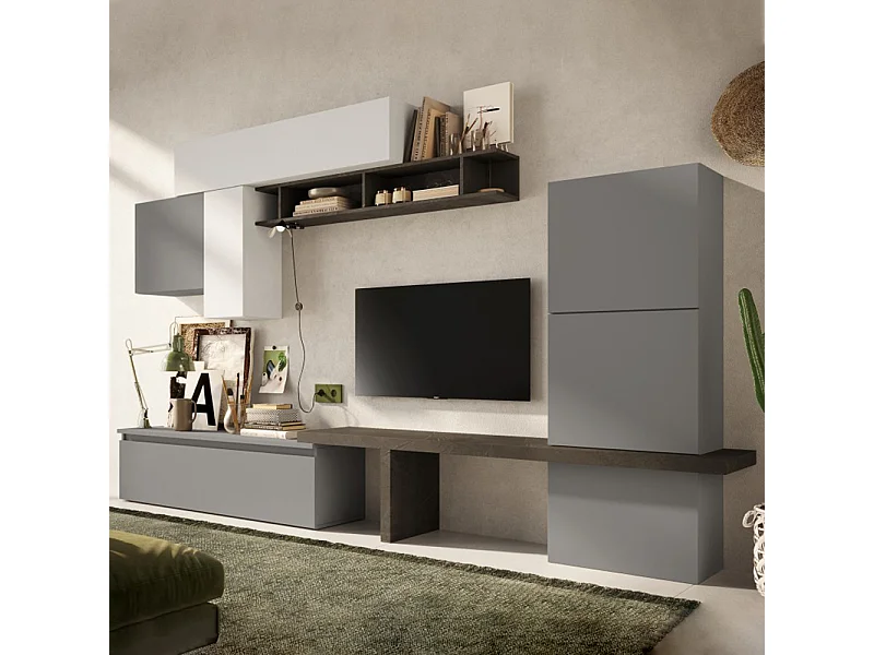 Parete attrezzata moderna con cubo pensile 295x192 cm grigio, grigio chiaro e piombo PAL15