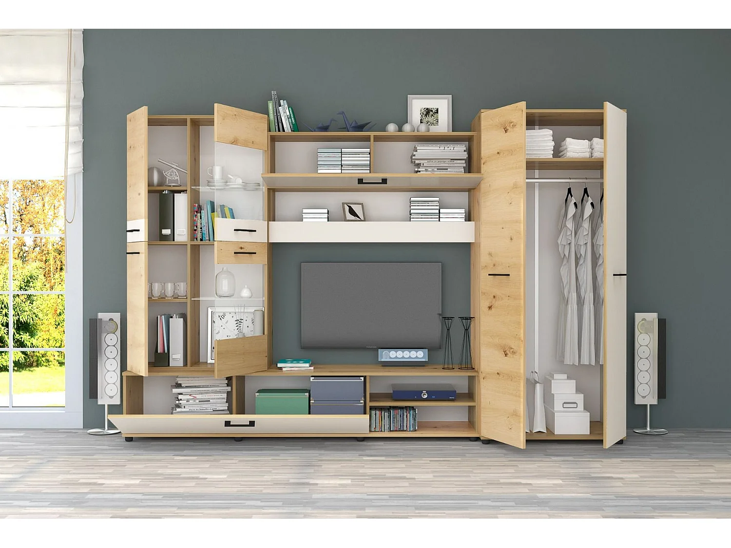 Parete attrezzata moderna con led rovere rovere chiaro/beige SG2