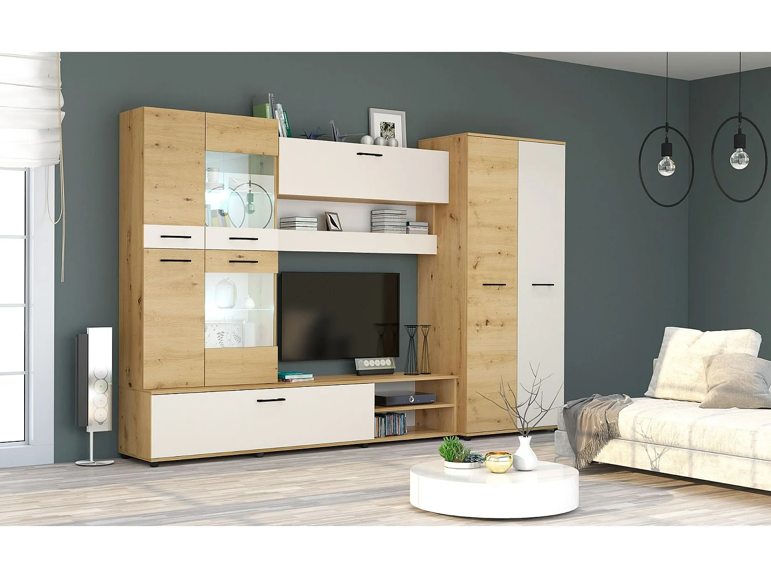 Parete attrezzata moderna con led rovere rovere chiaro/beige SG2