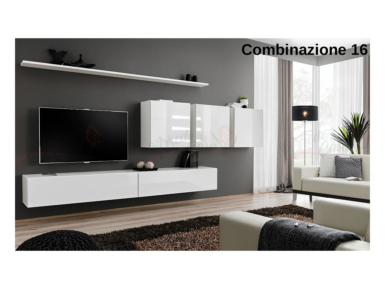 Parete attrezzata da soggiorno sospesa PAP51 340x150 bianco