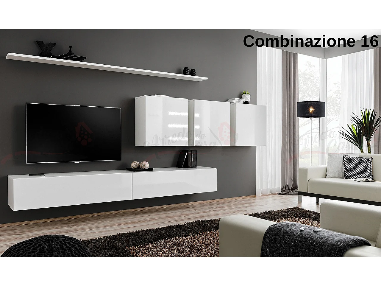 Parete attrezzata da soggiorno sospesa PAP51 340x150 bianco