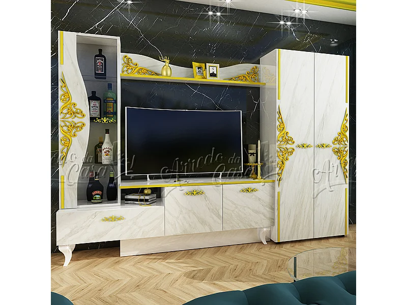 Parete attrezzata design moderno con vetrina SU38 260x185 bianco lucido e marmo