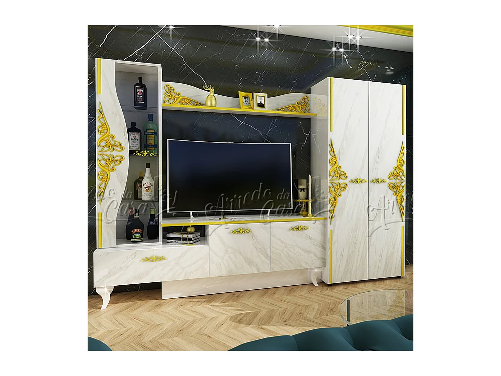 Parete attrezzata design moderno con vetrina SU38 260x185 bianco lucido e marmo