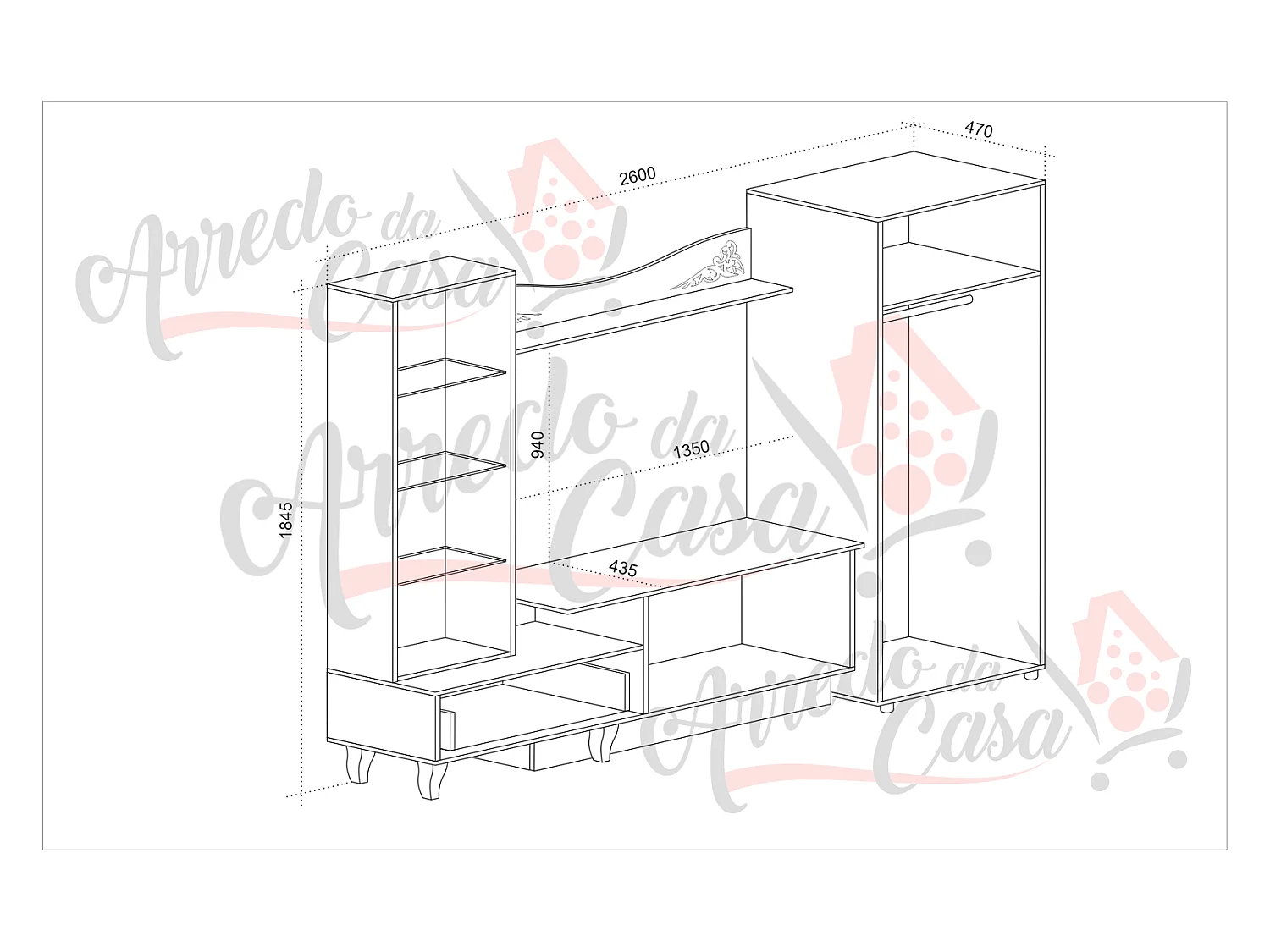 Parete attrezzata design moderno con vetrina SU38 260x185 bianco lucido e marmo