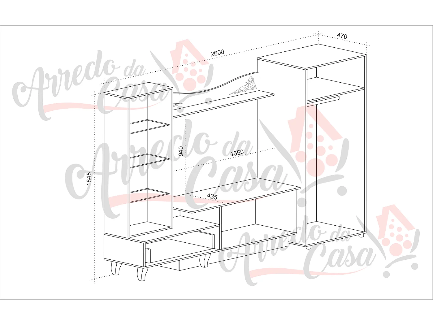 Parete attrezzata design moderno con vetrina SU38 260x185 bianco lucido e marmo
