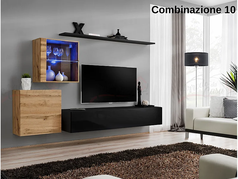 Parete attrezzata design moderno con vetrina illuminata PAP59 250x150 rovere e nero