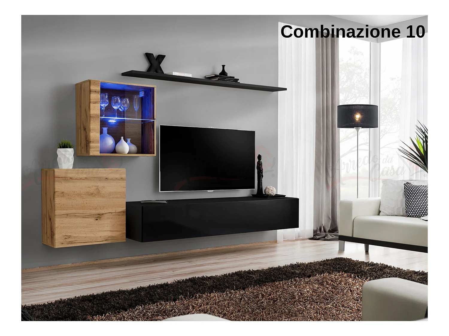 Parete attrezzata design moderno con vetrina illuminata PAP59 250x150 rovere e nero