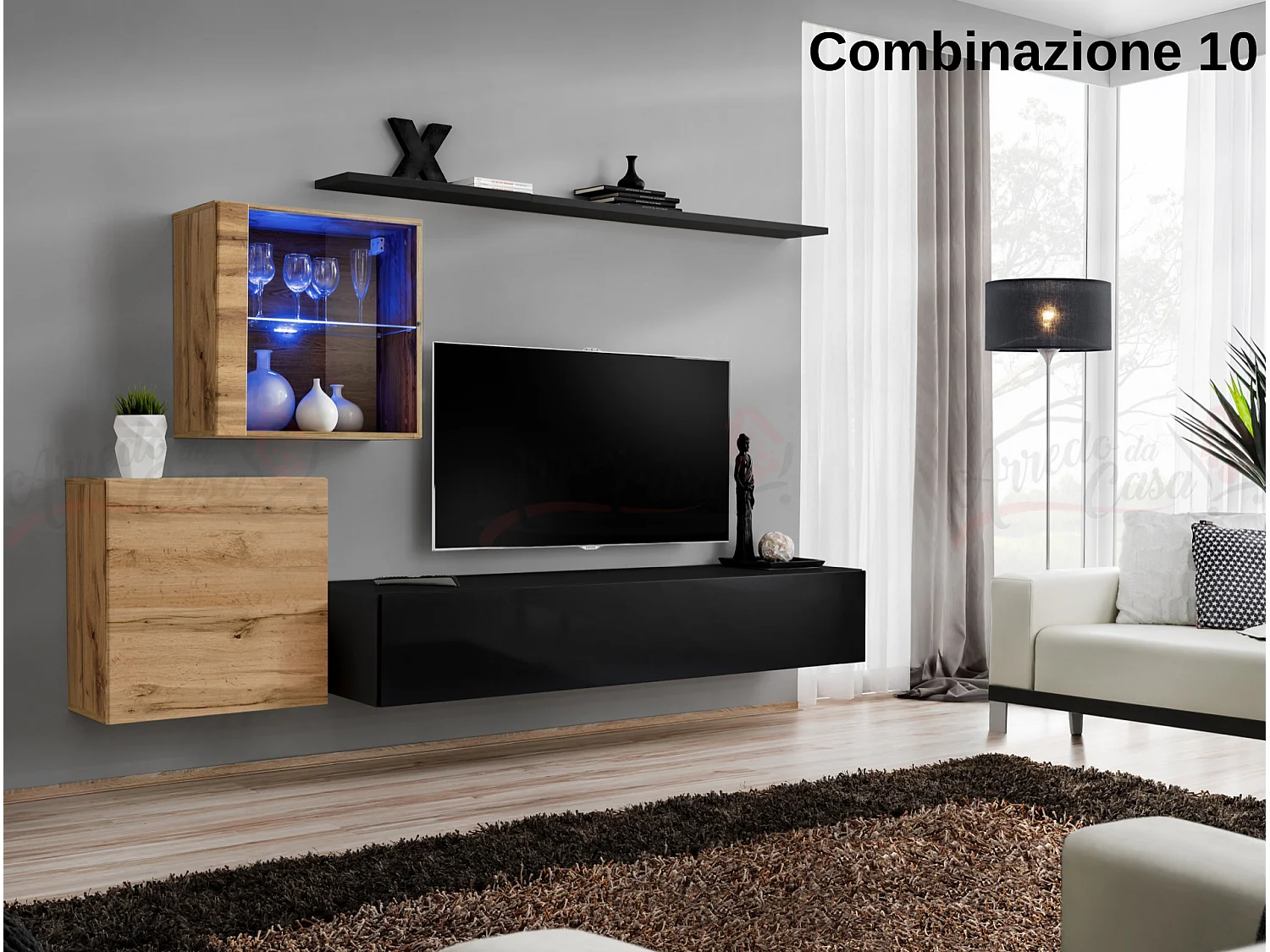 Parete attrezzata design moderno con vetrina illuminata PAP59 250x150 rovere e nero