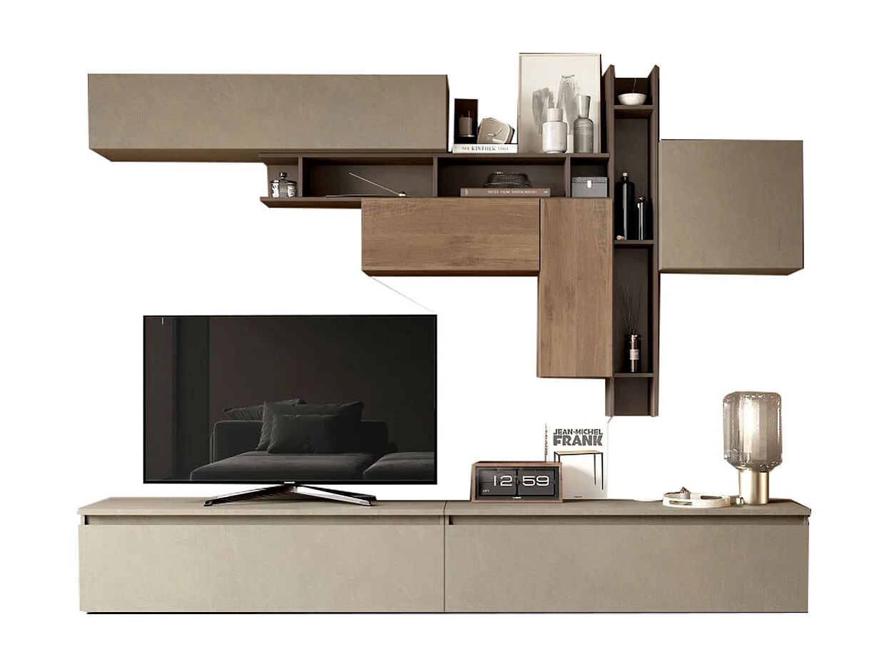 Parete attrezzata moderna 276x200 cm argilla bronzo e noce PAL14