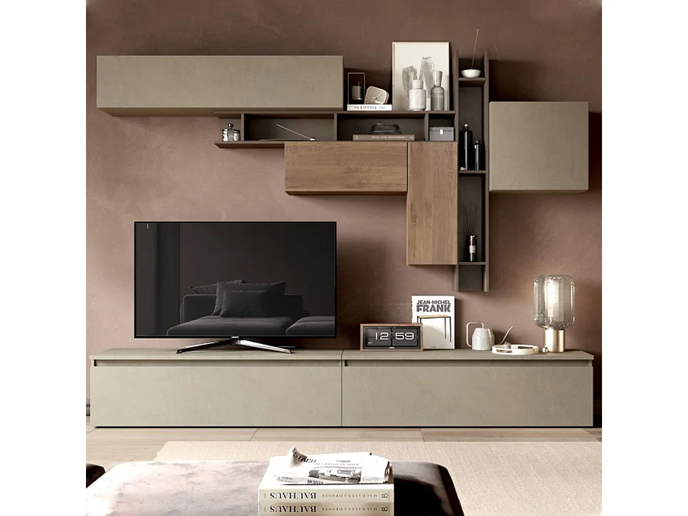 Parete attrezzata moderna 276x200 cm argilla bronzo e noce PAL14