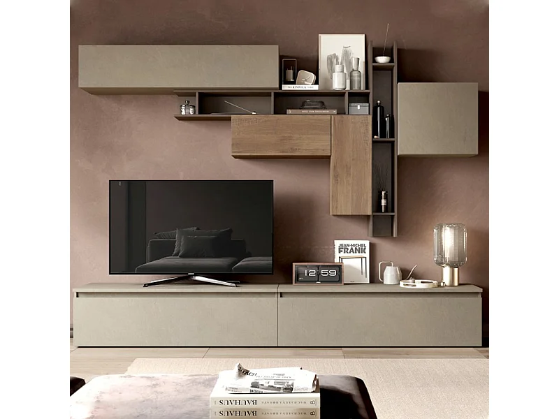 Parete attrezzata moderna 276x200 cm argilla bronzo e noce PAL14