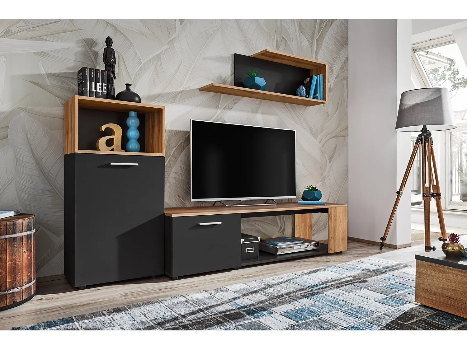 Parete attrezzata moderna stile minimalista 200x160 antracite e rovere PAP138