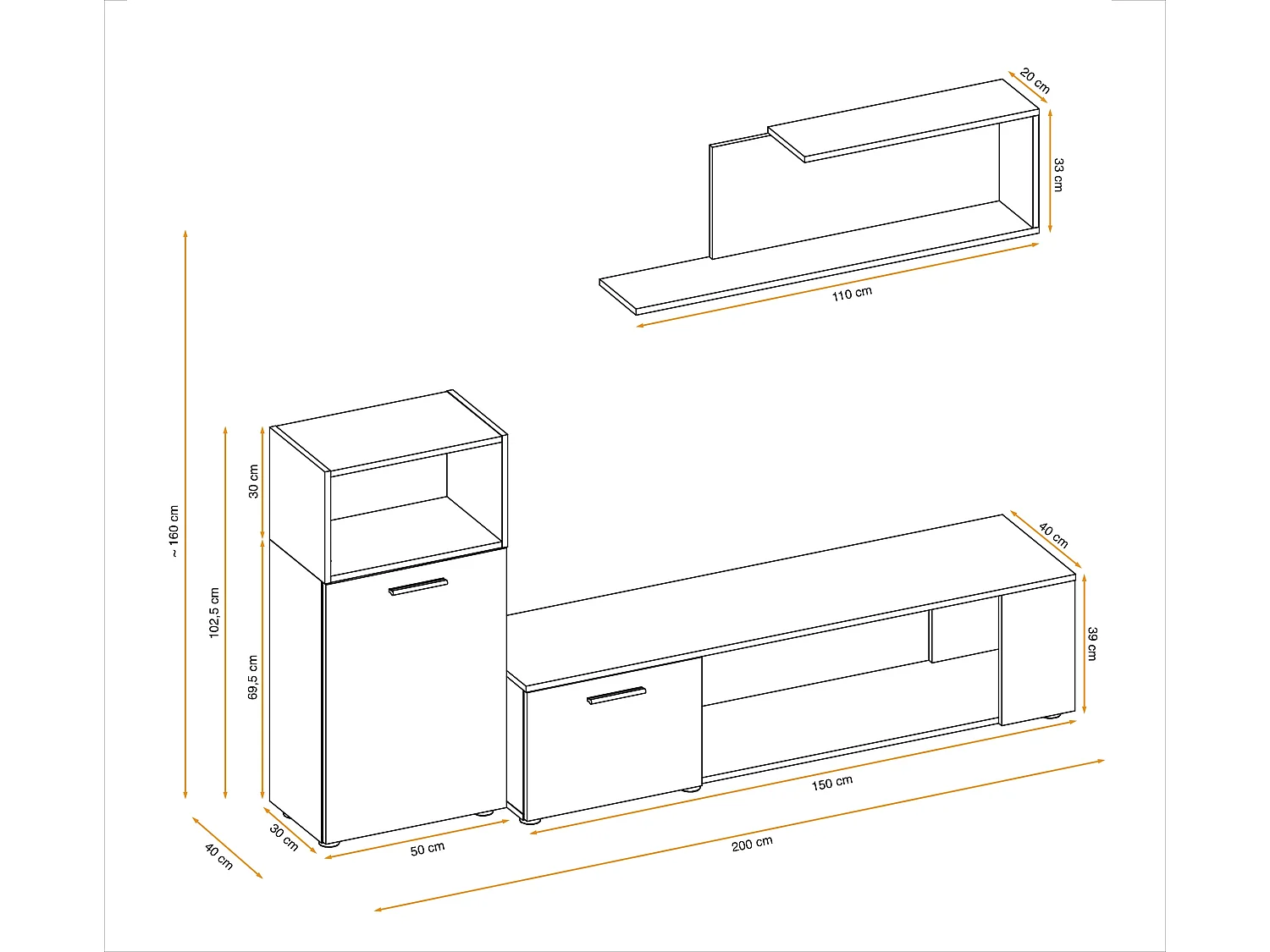 Parete attrezzata moderna stile minimalista 200x160 antracite e rovere PAP138