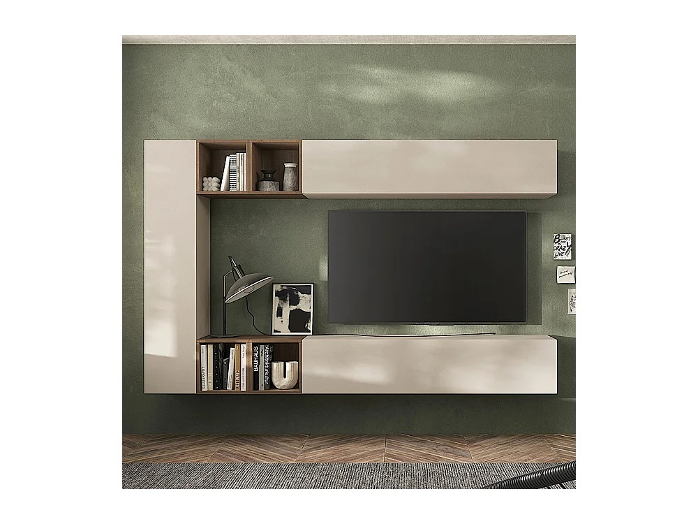 Parete attrezzata sospesa 223x195 cm beige e noce PAL76