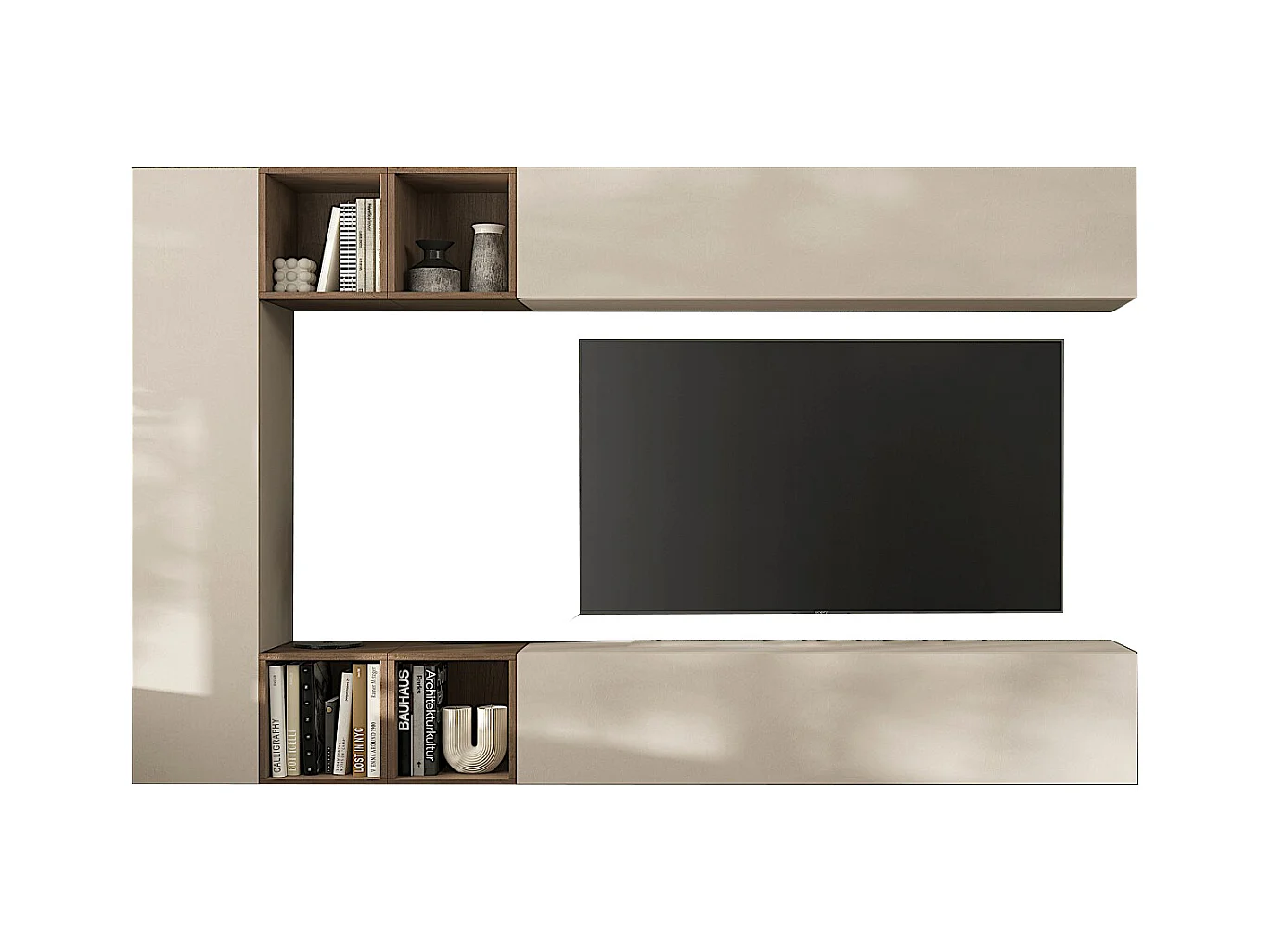 Parete attrezzata sospesa 223x195 cm beige e noce PAL76