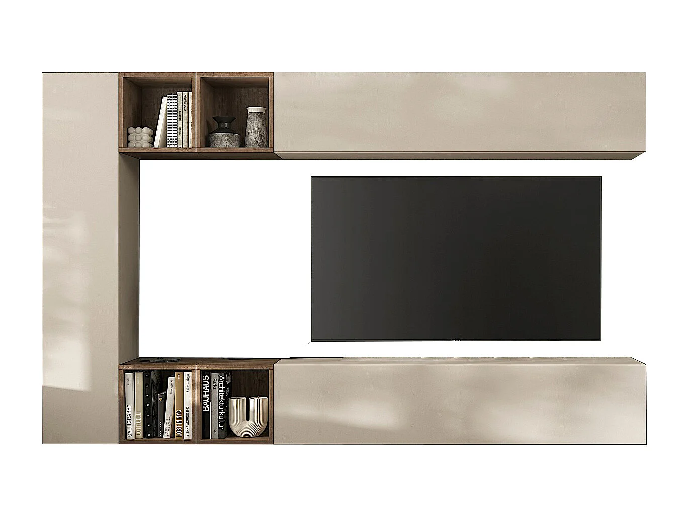 Parete attrezzata sospesa 223x195 cm beige e noce PAL76