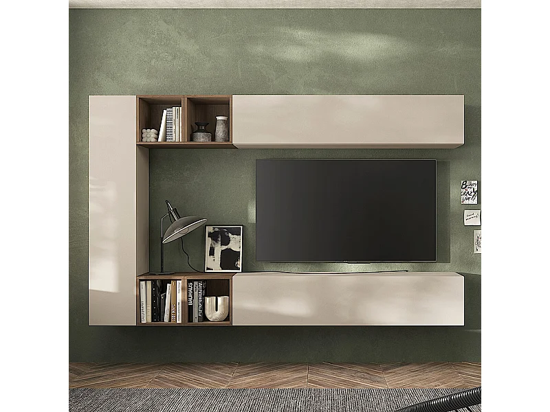 Parete attrezzata sospesa 223x195 cm beige e noce PAL76