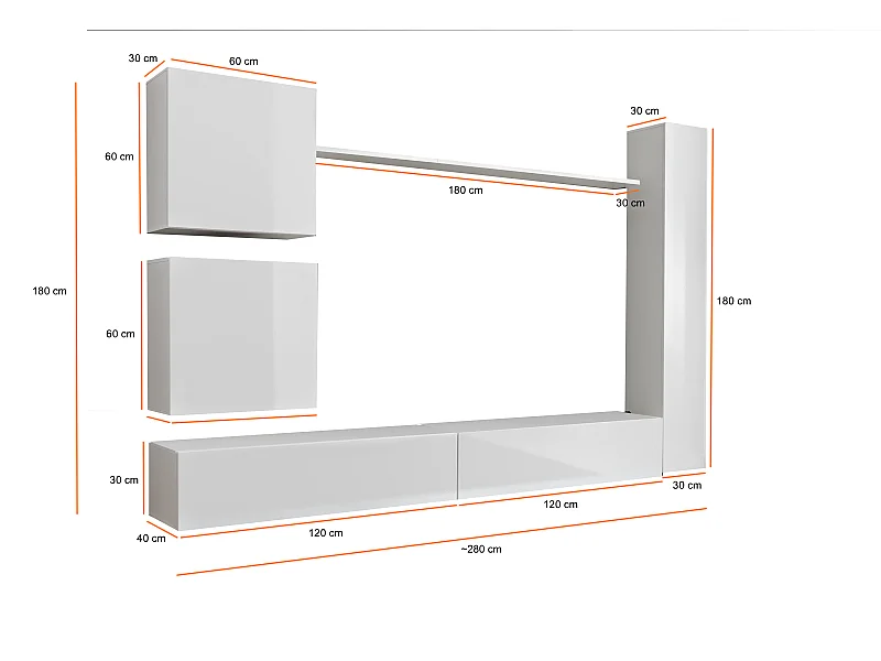 Parete attrezzata soggiorno design moderno PAP52 280x180 bianco e rovere