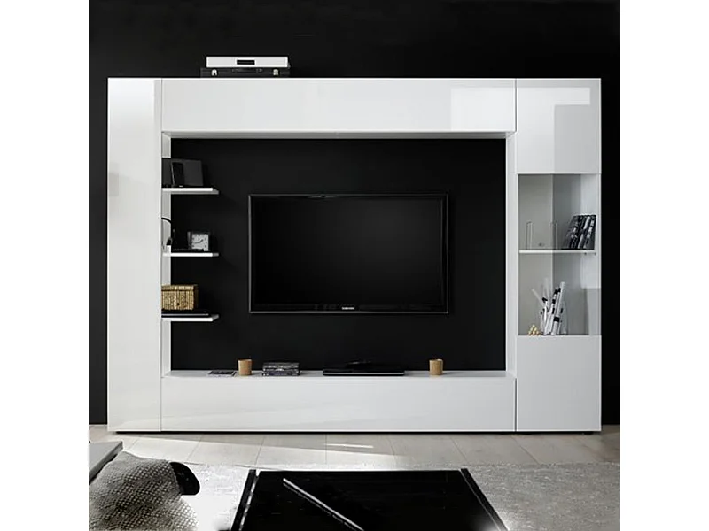 Parete attrezzata a terra design moderno con pensili e vetrina 257x187 PAL6 bianco lucido