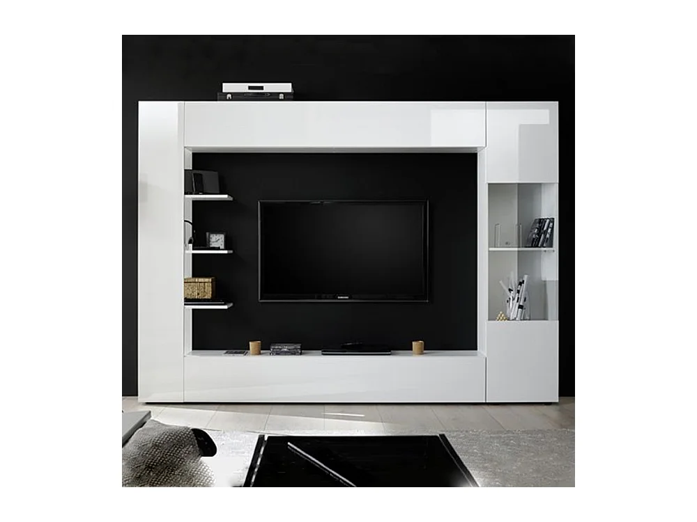 Parete attrezzata a terra design moderno con pensili e vetrina 257x187 PAL6 bianco lucido