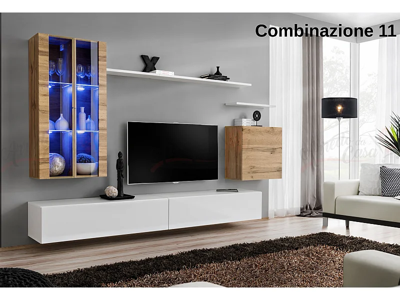 Parete attrezzata per soggiorno con luci LED 270x160 rovere e bianco PAP56