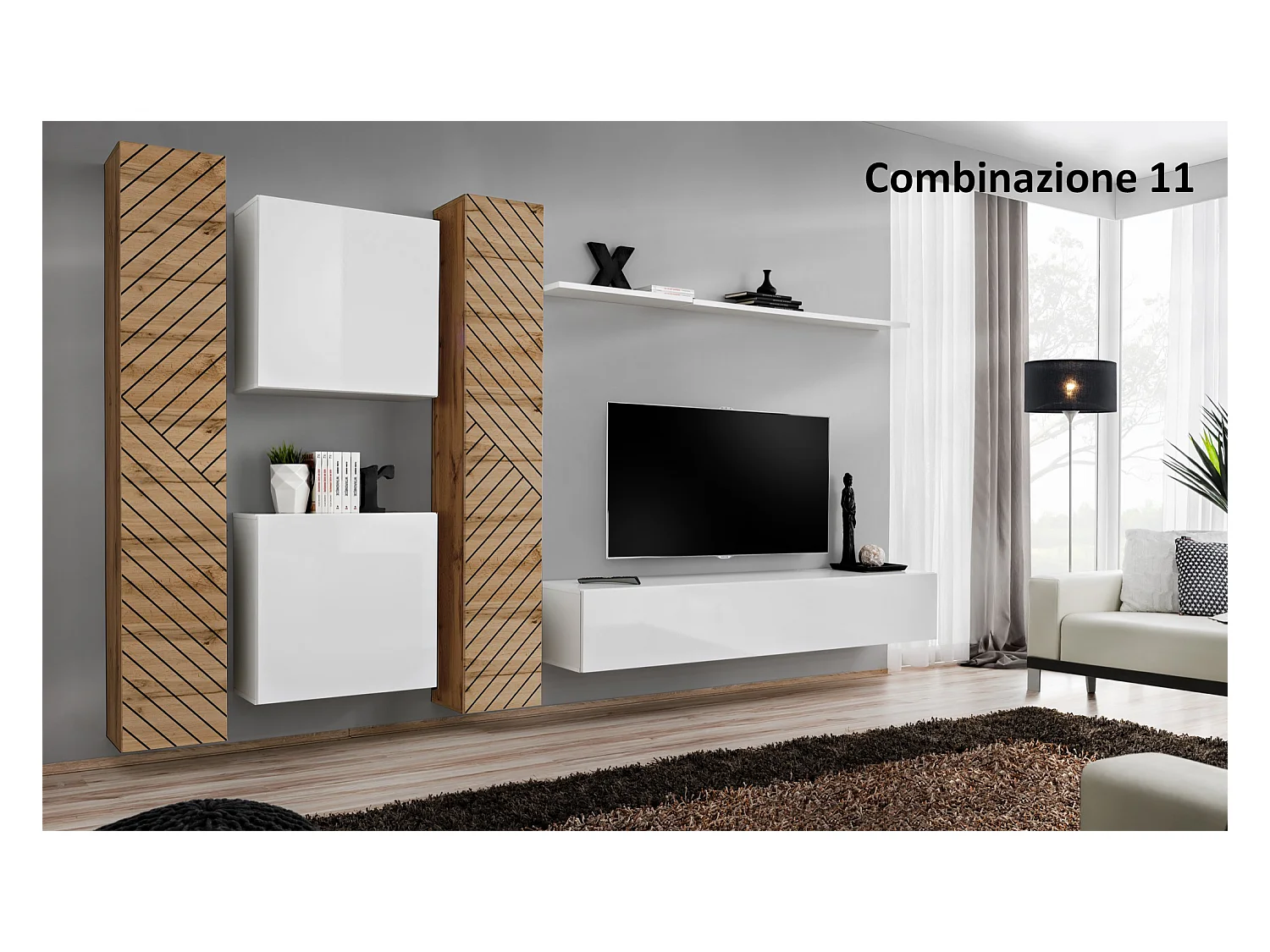 Parete attrezzata moderna sospesa PAP50 330x180 rovere e bianco