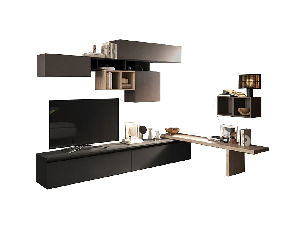 Parete attrezzata angolare 276x200 cm bronzo, rovere e grafite PAL52