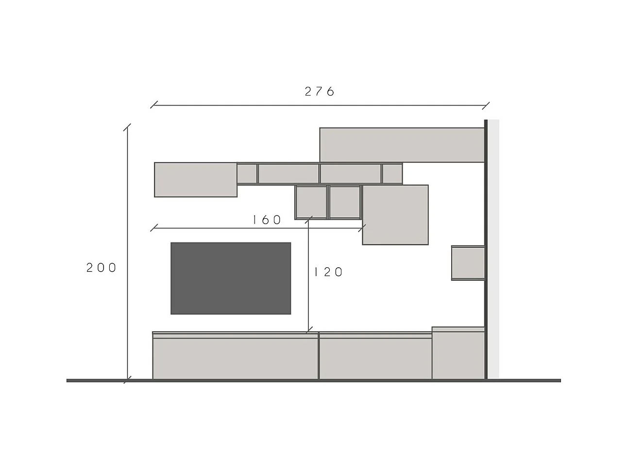 Parete attrezzata angolare 276x200 cm bronzo, rovere e grafite PAL52