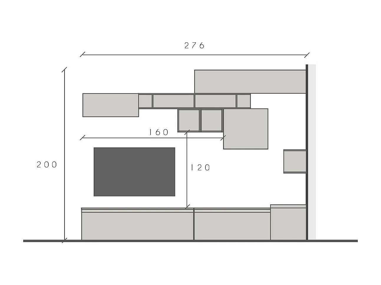 Parete attrezzata angolare 276x200 cm bronzo, rovere e grafite PAL52