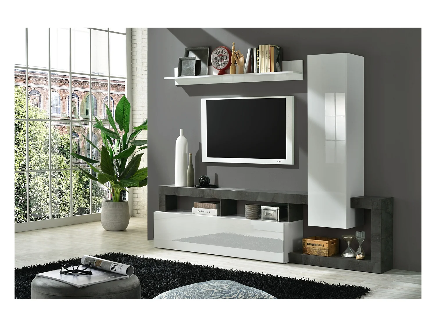 Parete attrezzata moderna a terra con singolo pensile verticale 219x173 PAL3 bianco e ossido