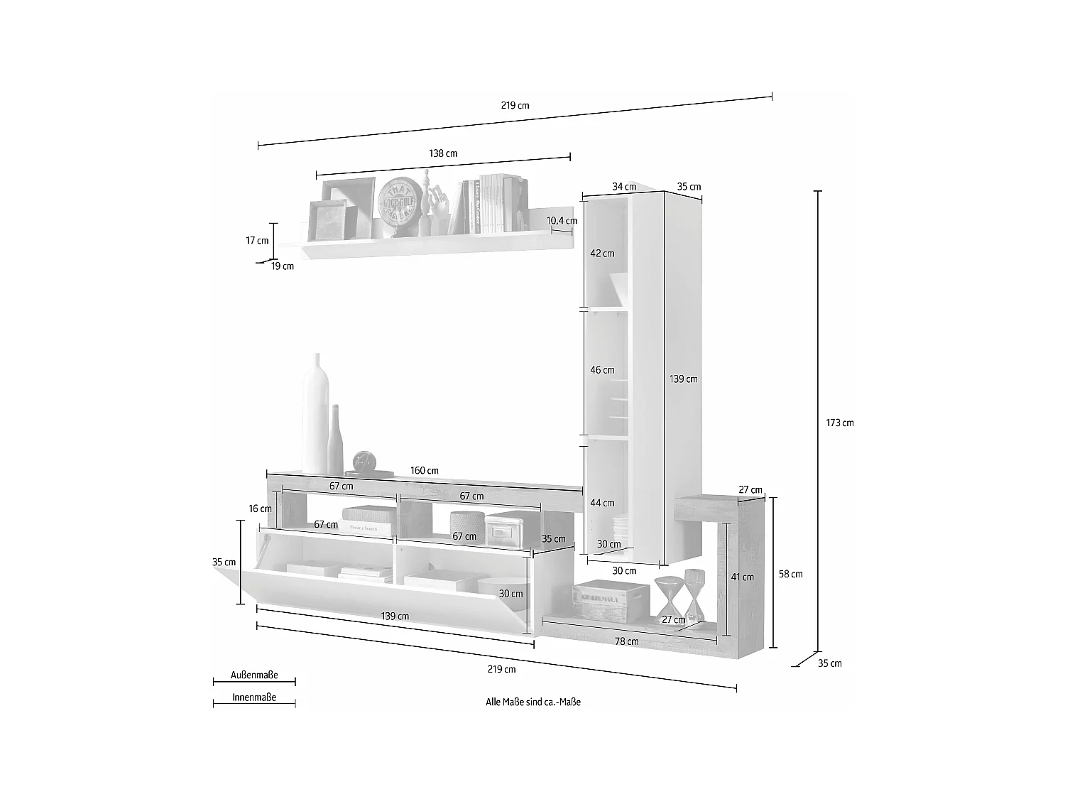 Parete attrezzata moderna a terra con singolo pensile verticale 219x173 PAL3 bianco e ossido