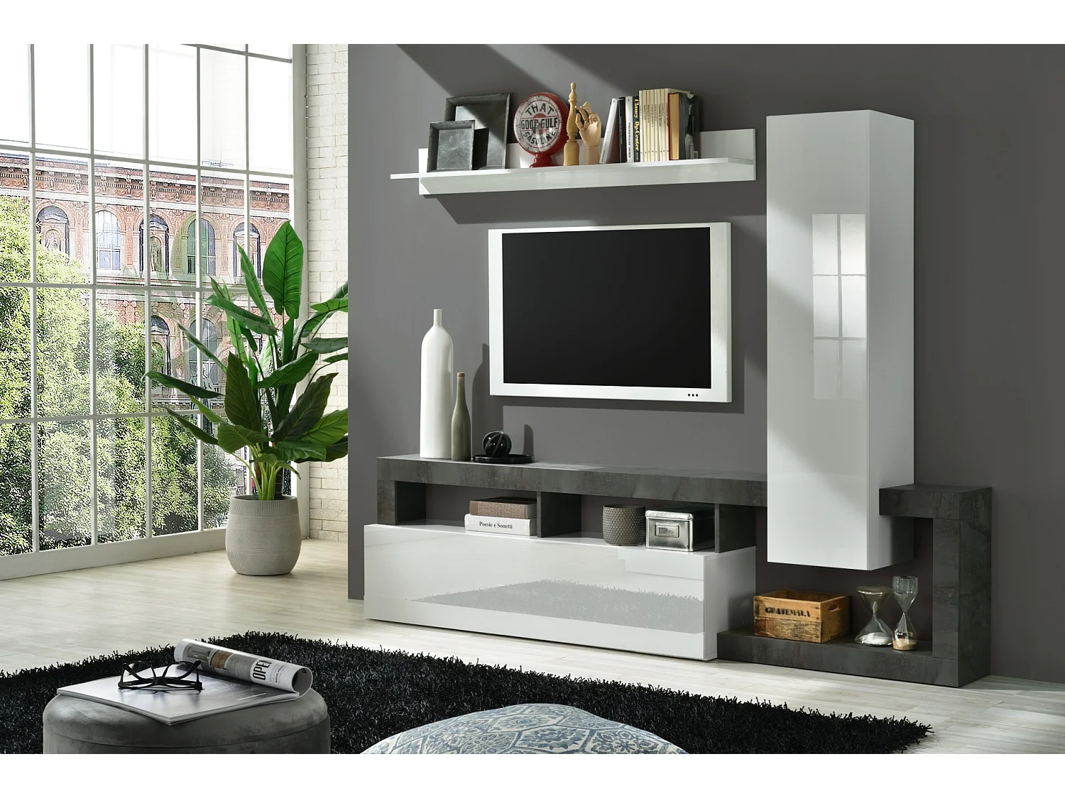 Parete attrezzata moderna a terra con singolo pensile verticale 219x173 PAL3 bianco e ossido