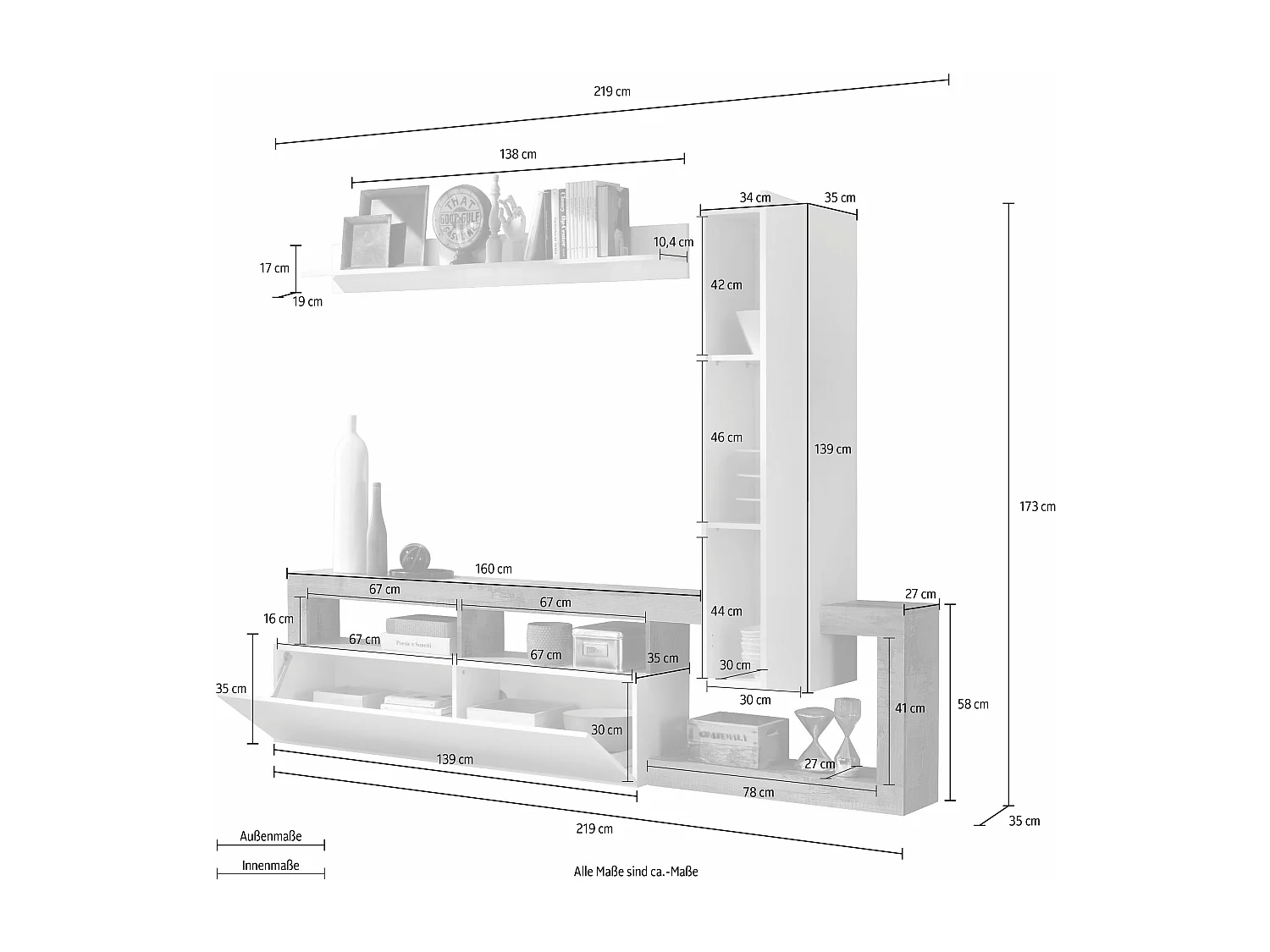 Parete attrezzata moderna a terra con singolo pensile verticale 219x173 PAL3 bianco e ossido