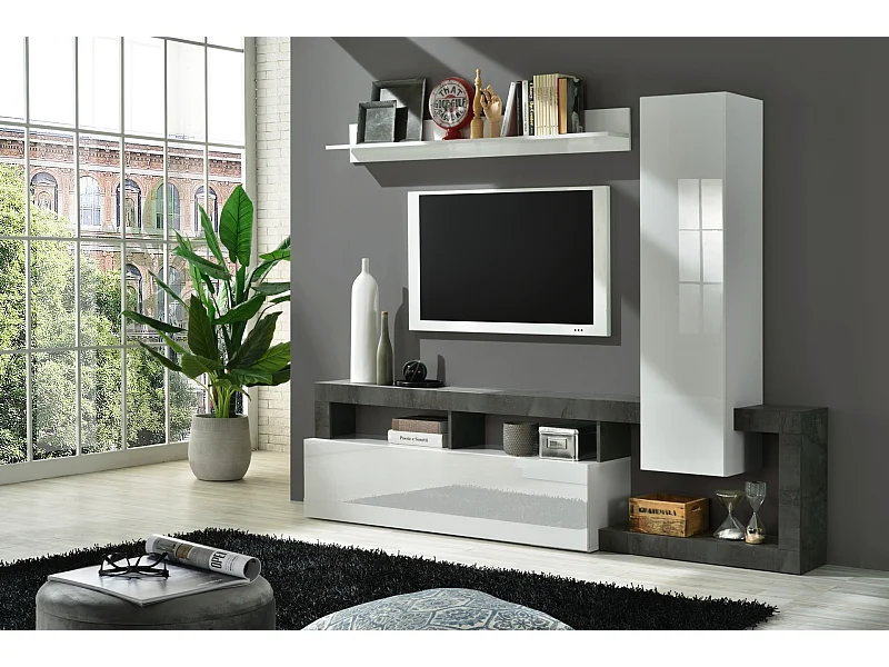 Parete attrezzata moderna a terra con singolo pensile verticale 219x173 PAL3 bianco e ossido