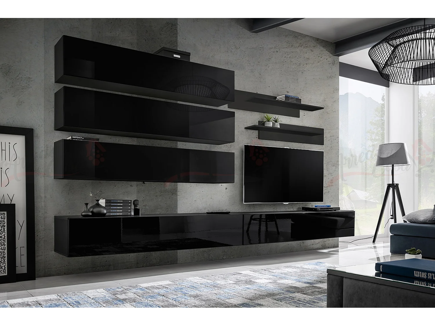 Parete attrezzata per soggiorno sospesa design moderno PAP105 320x170 nero
