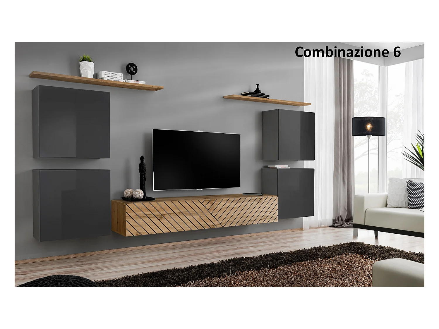 Parete attrezzata sospesa stile moderno PAP48 320x150 grigio e rovere