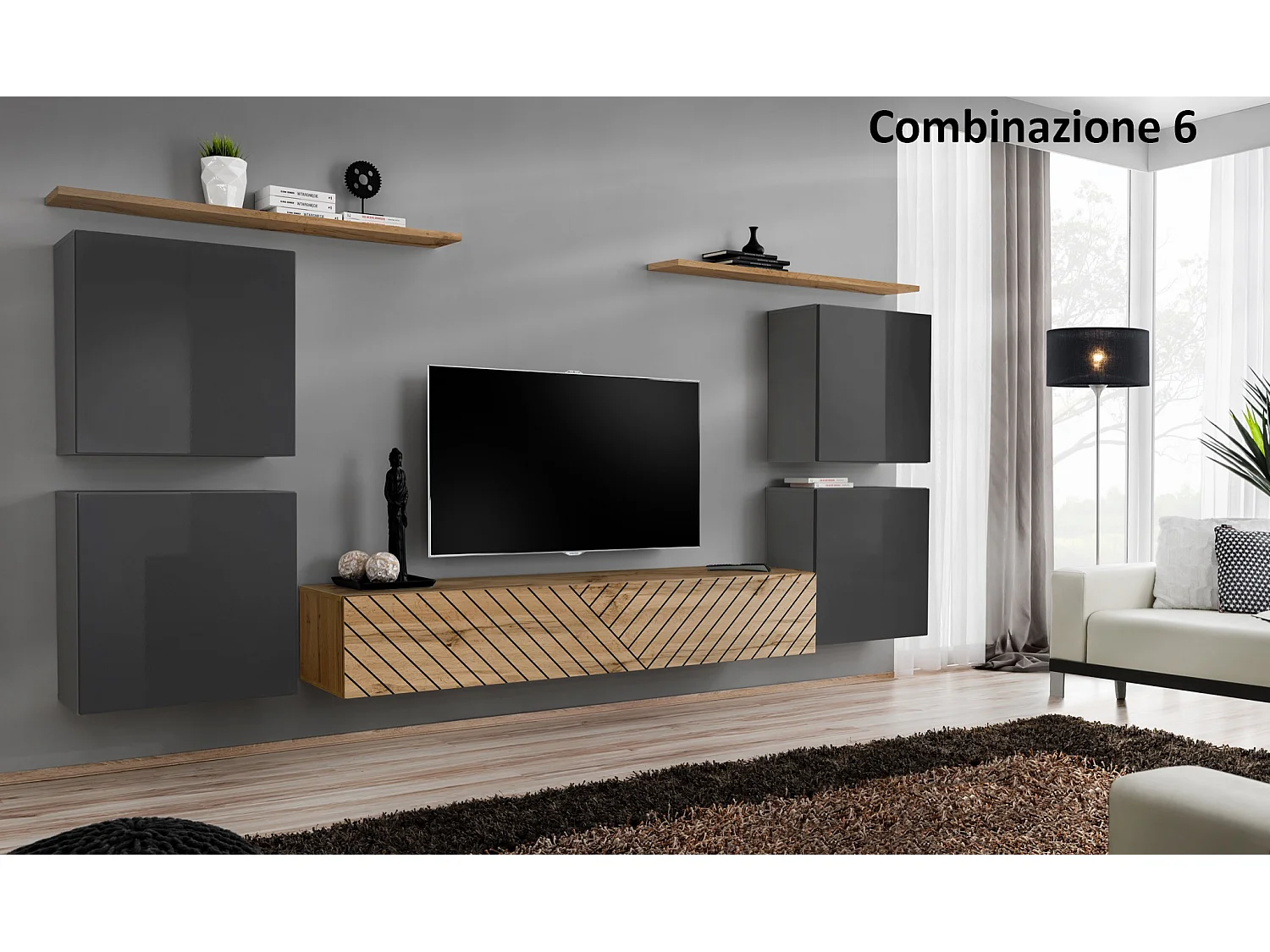 Parete attrezzata sospesa stile moderno PAP48 320x150 grigio e rovere