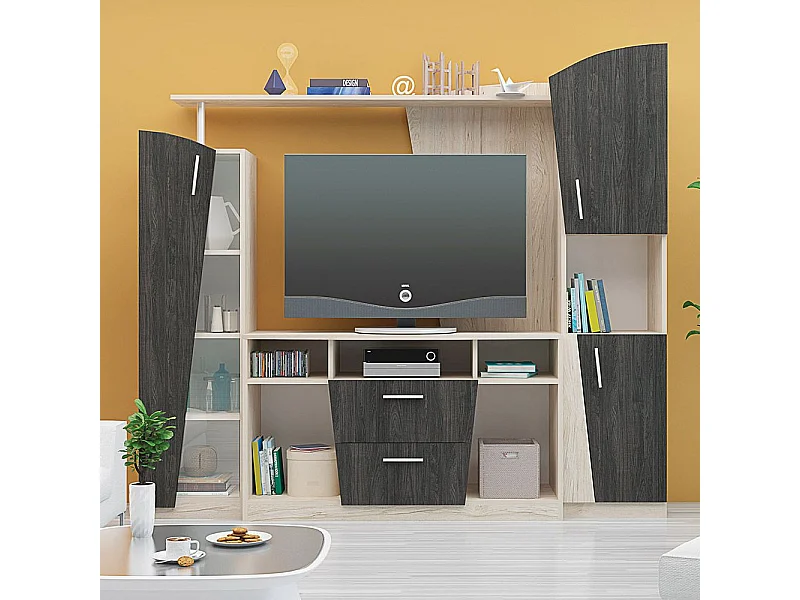 Parete attrezzata contemporanea in rovere chiaro e grigio carbone SG26