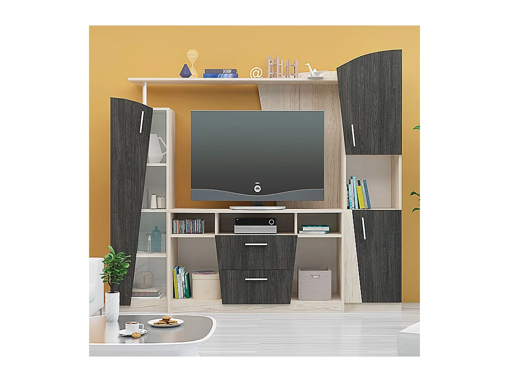 Parete attrezzata contemporanea in rovere chiaro e grigio carbone SG26