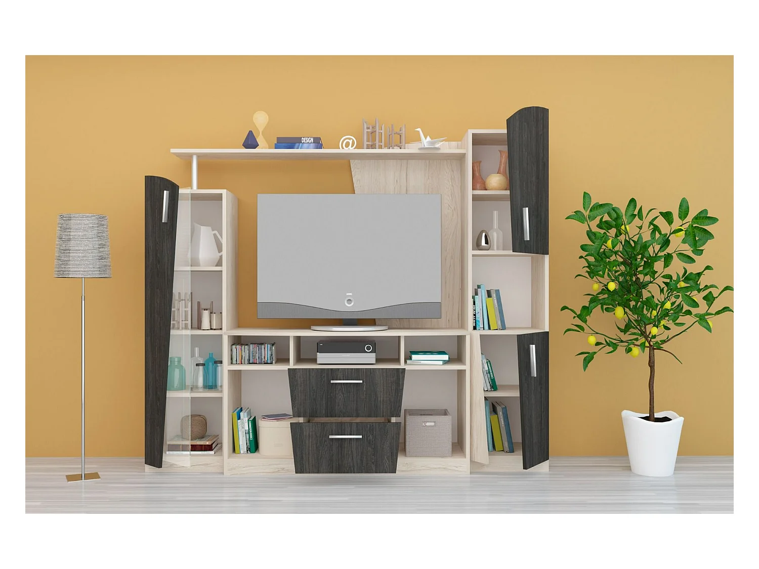 Parete attrezzata contemporanea in rovere chiaro e grigio carbone SG26