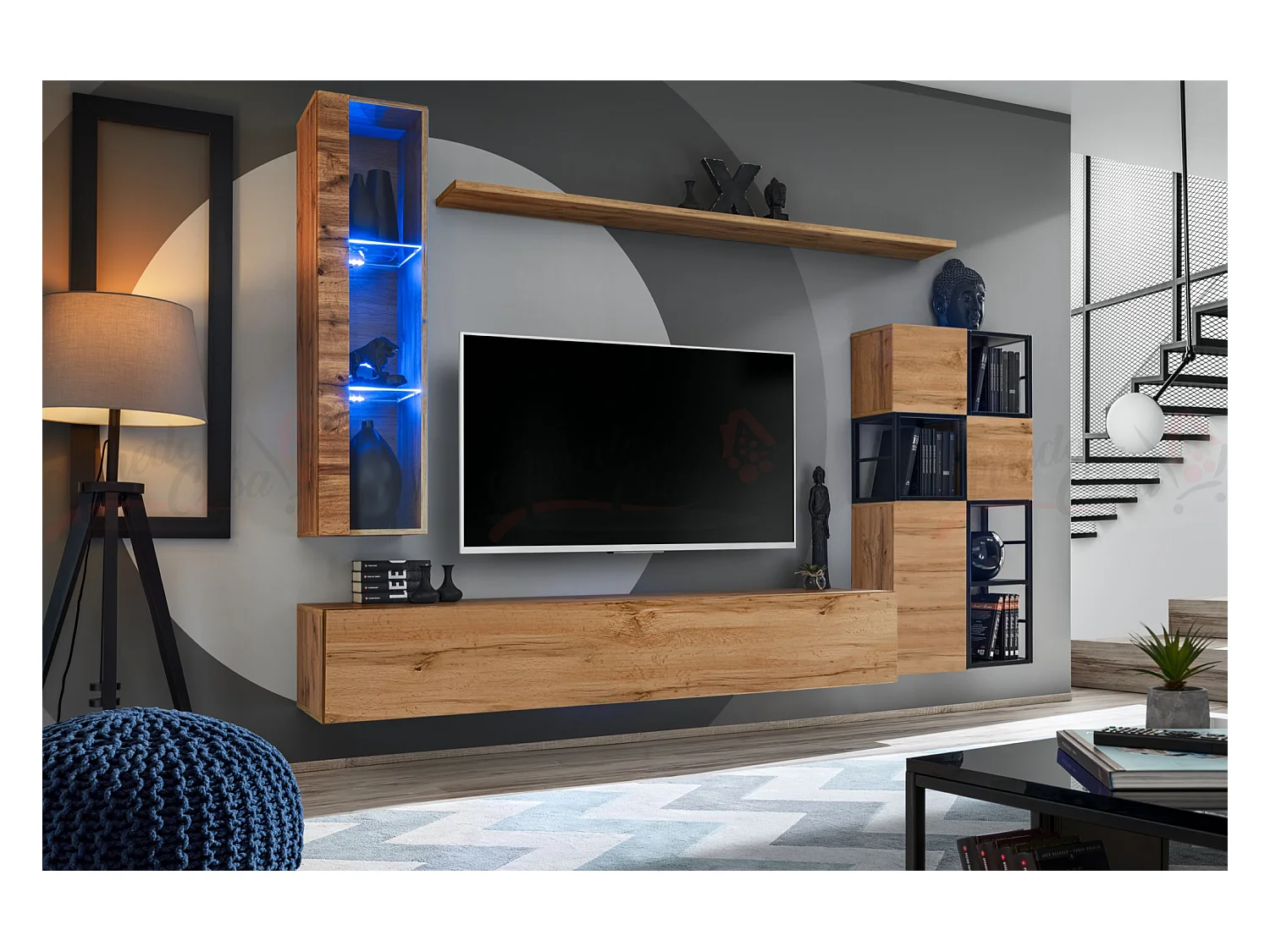 Parete attrezzata moderna da salotto sospesa 250x170 rovere PAP74