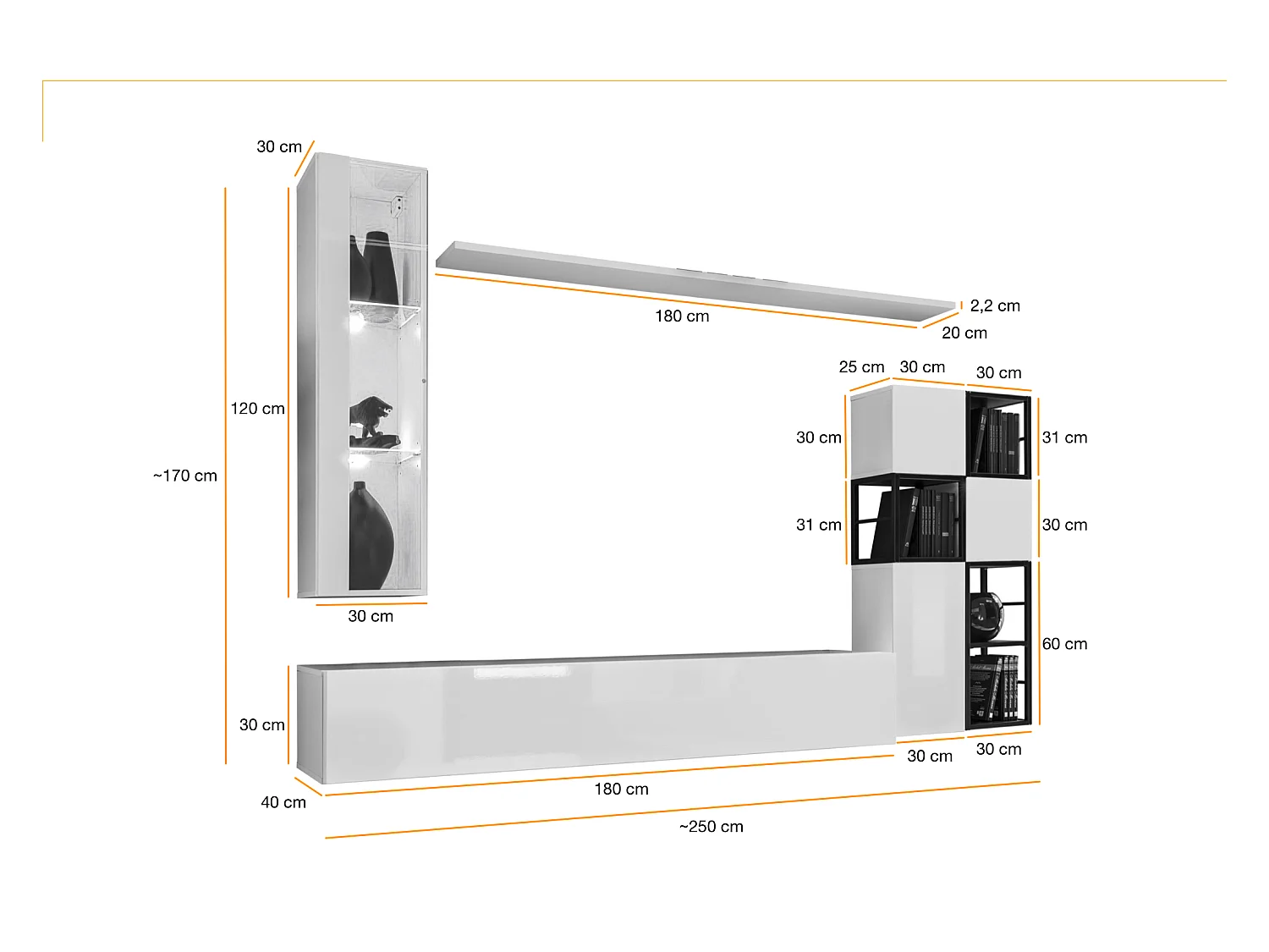 Parete attrezzata moderna da salotto sospesa 250x170 rovere PAP74