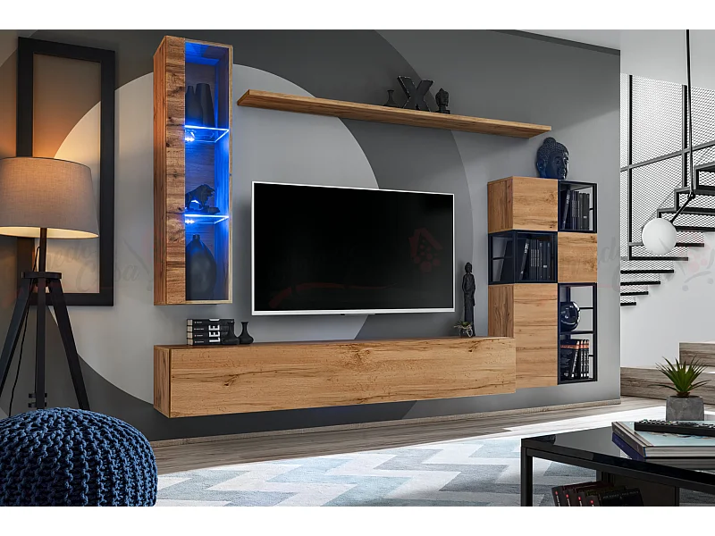 Parete attrezzata moderna da salotto sospesa 250x170 rovere PAP74