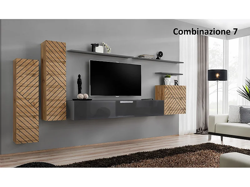 Parete attrezzata moderna sospesa PAP45 330x160 rovere e grigio