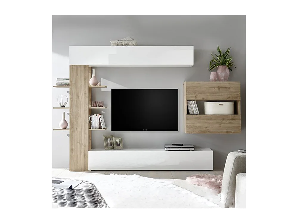 Parete attrezzata moderna a terra con libreria e pensile sospeso 295x187 PAL5 bianco e rovere cadiz