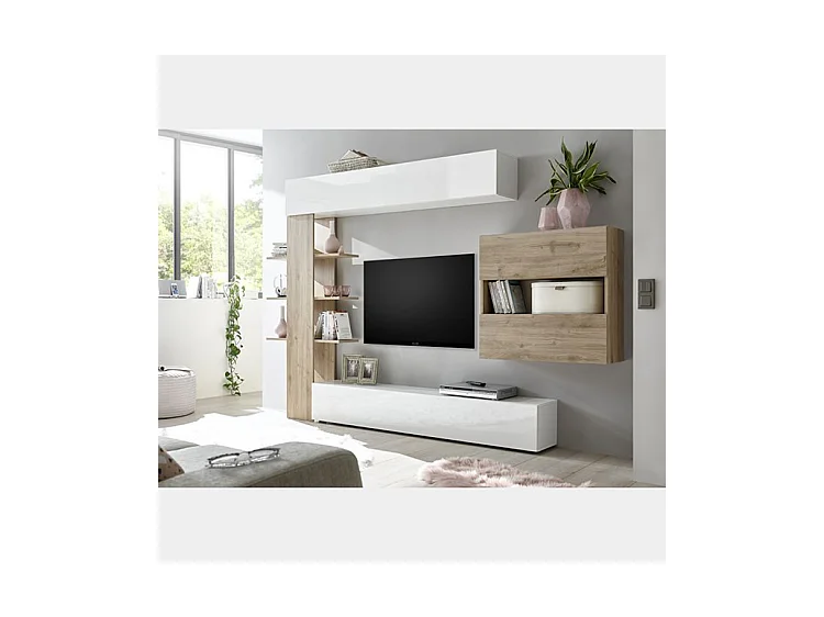 Parete attrezzata moderna a terra con libreria e pensile sospeso 295x187 PAL5 bianco e rovere cadiz