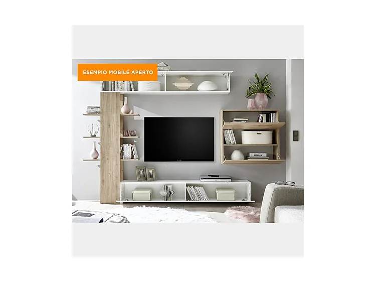 Parete attrezzata moderna a terra con libreria e pensile sospeso 295x187 PAL5 bianco e rovere cadiz