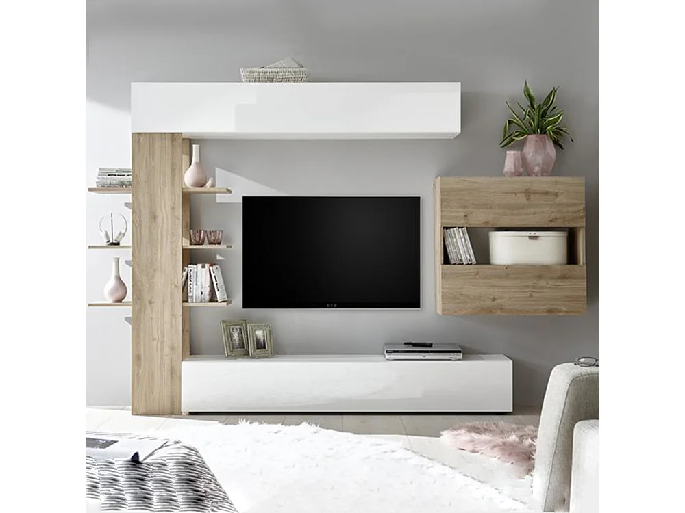Parete attrezzata moderna a terra con libreria e pensile sospeso 295x187 PAL5 bianco e rovere cadiz